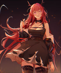 Rule 34 | 1girl, arknights, bare shoulders, black dress, breasts, brown background, cleavage, commentary request, cowboy shot, dress, gradient background, hand up, highres, horns, long hair, long sleeves, looking at viewer, medium breasts, purple eyes, red hair, short dress, smile, solo, standing, surtr (arknights), thighhighs, very long hair, xianjiu