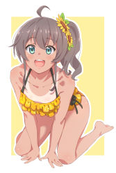 Rule 34 | 1girl, :d, absurdres, ahoge, all fours, aqua eyes, bare arms, bare legs, bare shoulders, barefoot, bikini, blush, breasts, collarbone, commentary request, flower, full body, hair flower, hair ornament, highres, hololive, karahai (31448823), layered bikini, long hair, natsuiro matsuri, natsuiro matsuri (hololive summer 2019), open mouth, orange bikini, ponytail, print bikini, sidelocks, small breasts, smile, solo, sunflower, sunflower hair ornament, swimsuit, tan, tanline, two-tone background, virtual youtuber, yellow background, yellow flower