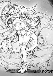 Rule 34 | 1girl, ahoge, arc system works, asymmetrical wings, boots, crossed arms, dizzy (guilty gear), greyscale, guilty gear, hair ribbon, high heels, long hair, misakura nankotsu, monochrome, necro (guilty gear), ribbon, shoes, tail, tail ornament, tail ribbon, thighhighs, twintails, undine (guilty gear), wings