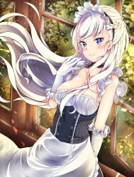 Rule 34 | 1girl, absurdres, azur lane, bare shoulders, belfast (azur lane), blue eyes, blush, braid, breasts, chain, cleavage, collar, collarbone, commentary request, elbow gloves, french braid, gloves, highres, long hair, looking at viewer, maid, maid headdress, medium breasts, microsoft windows, parted lips, siroimo0828, smile, solo, standing, white hair, wind