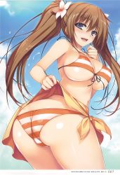 Rule 34 | 1girl, absurdres, ass, bikini, blue eyes, blush, breasts, brown hair, clothes lift, day, front-tie top, highres, large breasts, long hair, looking at viewer, looking back, navel, orange bikini, original, outdoors, page number, scan, shiny skin, skirt, skirt lift, smile, solo, striped bikini, striped clothes, swimsuit, thighs, tomose shunsaku, twintails, underboob, water drop