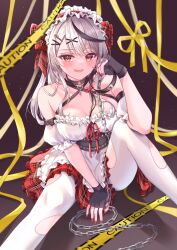 Rule 34 | 1girl, chain, collar, highres, hololive, leash, null maru, pantyhose, sakamata chloe, sitting, solo, torn clothes, torn pantyhose, virtual youtuber, white pantyhose