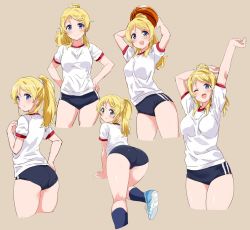 Rule 34 | 1girl, :o, ;o, all fours, arm behind head, arms behind head, arms up, ass, ayase eli, ball, basketball, basketball (object), black buruma, blonde hair, blue eyes, blue footwear, blue socks, blush, breasts, brown background, buruma, closed mouth, cowboy shot, from behind, full body, gym shirt, gym uniform, hand on own hip, hands on own hips, high ponytail, holding, holding ball, kneehighs, kurokawa makoto, legs together, long hair, looking at viewer, looking back, love live!, love live! school idol project, medium breasts, multiple views, one eye closed, open mouth, outstretched arm, parted bangs, ponytail, scrunchie, shiny skin, shirt, shoes, short sleeves, sidelocks, simple background, smile, sneakers, socks, standing, teeth, upper teeth only, white scrunchie, white shirt