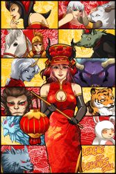 Rule 34 | 10s, 2012, 4girls, 6+boys, alistar (league of legends), alternate costume, animal costume, anivia, annotated, armor, betrayal-and-wisdom, bird, blue eyes, boar, breasts, bristle, cassiopeia (league of legends), china dress, chinese clothes, chinese new year, chinese zodiac, cleavage, cleavage cutout, closed eyes, clothing cutout, colored skin, dragon, dress, eastern dragon, elbow gloves, finger to mouth, gloves, glowing, glowing eyes, grey hair, grey skin, hat, helmet, highres, horns, horse, lantern, league of legends, lipstick, long hair, makeup, minotaur, monkey, mouse (animal), multiple boys, multiple girls, nail polish, new year, nose piercing, nose ring, paper lantern, piercing, rabbit costume, red eyes, red hair, sejuani, short hair, shyvana, single horn, smile, soraka (league of legends), teemo, tiger, twitch, udyr, warwick, white eyes, wukong (league of legends), xin zhao