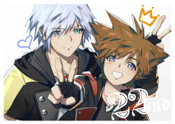 Rule 34 | 2boys, absurdres, anniversary, black gloves, black jacket, black shirt, blue eyes, blue hair, brown hair, chinese commentary, commentary request, crown, fermium.ice, fingerless gloves, gloves, gradient background, grin, hand up, happy, heart, highres, hood, hood down, jacket, jewelry, kingdom hearts, kingdom hearts iii, looking at another, looking at viewer, looking down, male focus, multiple boys, necklace, pendant, riku (kingdom hearts), shirt, short hair, short sleeves, smile, sora (kingdom hearts), spiked hair, upper body, v, v-neck, white shirt