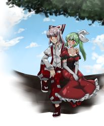 Rule 34 | 2girls, artist self-insert, bad id, bad pixiv id, blush, cloud, day, dress, elbow gloves, fujiwara no mokou, full body, gensei ruri, gensei ruri (character), gloves, hand on another&#039;s shoulder, in tree, multiple girls, original, own hands together, red dress, red eyes, shade, side ponytail, sitting, sitting in tree, sky, surprised, suspenders, touhou, tree, v arms, yuri