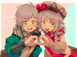 Rule 34 | 1boy, 1girl, braid, brother and sister, clanne (fire emblem), fire emblem, fire emblem engage, framme (fire emblem), grey hair, hat, hat ribbon, heart, heart hands, heart hands duo, jbeixu937jrhdk, long sleeves, looking at viewer, nintendo, open mouth, ribbon, siblings, smile, twins, yellow eyes
