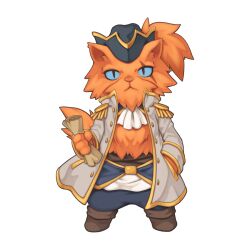 Rule 34 | 1boy, animal ears, ascot, black hat, blue pants, blue sclera, boots, brown footwear, buttons, captain gamberi, cat boy, cat ears, cat tail, chibi, chibi only, closed mouth, coat, colored sclera, epaulettes, expressionless, full body, gold trim, grey coat, hand in pocket, hat, holding, holding scroll, long sleeves, looking at viewer, male focus, no shirt, official art, pants, pirate, pirate hat, plume, ragnarok online, scar, scar across eye, scroll, simple background, solo, standing, tail, transparent background, tricorne, white ascot, yuichirou