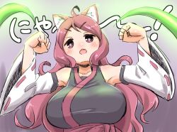 Rule 34 | 1girl, ahoge, animal ear fluff, animal ears, bad id, bad pixiv id, bare shoulders, black kimono, blush, breasts, brown eyes, brown hair, cat ears, clenched hands, collarbone, commentary request, detached sleeves, flexing, hands up, head tilt, japanese clothes, kemurikusa, kimono, large breasts, long hair, long sleeves, midori (kemurikusa), open mouth, parted bangs, ribbon-trimmed sleeves, ribbon trim, ritsu (kemurikusa), sleeveless, sleeveless kimono, solo, translation request, u-non (annon&#039;an), upper body, v-shaped eyebrows, very long hair, white sleeves, wide sleeves