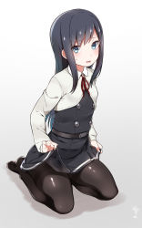 Rule 34 | 10s, 1girl, asashio (kancolle), belt, black hair, black pantyhose, blue eyes, blush, buttons, clothes lift, dress, dress lift, eyebrows, highres, kantai collection, lifting own clothes, long hair, looking at viewer, miniskirt, mitsudoue, neck ribbon, no shoes, pantyhose, parted lips, pinafore dress, red ribbon, ribbon, school uniform, shiny clothes, sidelocks, signature, simple background, sitting, skirt, skirt lift, sleeveless, sleeveless dress, solo, sweatdrop, thighband pantyhose, white background