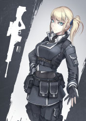 Rule 34 | 1girl, blonde hair, blue eyes, bullet, collar, emblem, gun, hairband, hand on own hip, hetza (hellshock), holster, looking at viewer, military, military uniform, nose, original, rifle, side ponytail, simple background, skull, sniper rifle, solo, uniform, weapon, weapon request