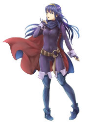 Rule 34 | adapted costume, bad id, bad pixiv id, belt, blue eyes, blue hair, bodysuit, boots, breasts, cape, covered navel, fingerless gloves, fire emblem, fire emblem awakening, full body, gloves, hairband, highres, himaneko, knee boots, long hair, looking at viewer, lucina (fire emblem), medium breasts, nintendo, open mouth, simple background, skin tight, solo, standing, white background