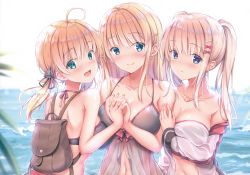 Rule 34 | 3girls, :d, absurdres, ahoge, anchor hair ornament, ass, backlighting, backpack, bag, bare arms, bare shoulders, bikini, bismarck (kancolle), black bikini, black ribbon, blonde hair, blue eyes, blurry, blurry background, blush, bow, breasts, cleavage, closed mouth, collarbone, commentary request, day, depth of field, fingernails, girl sandwich, graf zeppelin (kancolle), green eyes, grey bikini, hair between eyes, hair bow, hair ornament, hair ribbon, hairclip, highres, holding hands, huge filesize, interlocked fingers, jacket, kantai collection, large breasts, long hair, multiple girls, off shoulder, open clothes, open jacket, open mouth, outdoors, parted lips, prinz eugen (kancolle), purple eyes, red bow, ribbon, sandwiched, scan, see-through, shirakawako, smile, swimsuit, twintails, water, white bikini, white jacket