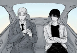 Rule 34 | 2boys, car interior, car seat, chainsaw man, cigarette, closed mouth, coat, crossed arms, expressionless, haevaf, jacket, kishibe (chainsaw man), monochrome, multiple boys, necktie, open clothes, open jacket, overcoat, short hair, sitting, smoking, spot color, upper body, window, yoshida hirofumi