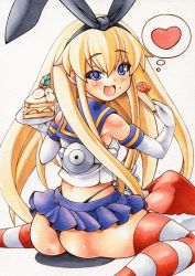 Rule 34 | 10s, 1girl, ass, black panties, blonde hair, blue eyes, blush, cake, eating, elbow gloves, food, fork, fruit, gloves, hair ribbon, hat, heart, holding, holding plate, kantai collection, long hair, marker (medium), mechanical pencil, millipen (medium), miniskirt, open mouth, panties, pencil, plate, ribbon, santa hat, shimakaze (kancolle), simple background, sitting, skirt, slit pupils, solo, spoken heart, strawberry, striped clothes, striped thighhighs, thighhighs, thong, traditional media, underwear, uneven eyes, very long hair, wariza, white background, yutakasan-love