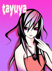 Rule 34 | 1girl, artist request, character name, gradient background, long hair, looking to the side, middle finger, monochrome, naruto, naruto (series), pink background, pink hair, pink theme, purple background, red eyes, red shirt, shirt, sleeveless, sleeveless shirt, solo, tayuya (naruto), upper body