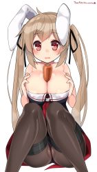 Rule 34 | 10s, 1girl, 2015, ahoge, animal ears, between breasts, black pantyhose, black ribbon, blush, breasts, breasts squeezed together, carrot, cleavage, dated, fake animal ears, hair ribbon, heart, highres, image sample, kantai collection, kuro chairo no neko, large breasts, leotard, light brown hair, long hair, looking at viewer, murasame (kancolle), open mouth, pantyhose, paw print, playboy bunny, rabbit ears, red eyes, ribbon, sailor collar, simple background, sitting, solo, thigh strap, thighs, twitter username, white background