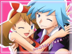 Rule 34 | 1boy, 1girl, ;), ;d, age difference, blue eyes, blue hair, brown hair, carrying, close-up, collared shirt, creatures (company), english text, formal, game freak, hair ribbon, headband, jacket, long sleeves, looking at viewer, may (pokemon), may (pokemon oras), nintendo, one eye closed, open clothes, open jacket, open mouth, pokemon, princess carry, ribbon, shirt, smile, steven stone, suit, text focus, white shirt, wink, y@mato