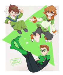 Rule 34 | 1girl, 2boys, arm up, bodysuit, brown eyes, brown hair, clenched hand, crossed arms, darrell stoker, floating, fringe trim, glasses, goggles, hairband, hyakujuu-ou golion, in-franchise crossover, looking at viewer, multiple boys, name connection, pidge gunderson, ponzu (beetle burner), reverse trap, round eyewear, scarf, in-franchise crossover, shoes, short hair, shorts, smile, sneakers, square, star (symbol), suzuishi hiroshi, triangle, voltron: legendary defender, voltron (series), voltron force