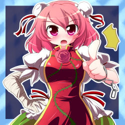 Rule 34 | 1girl, ^^^, bandages, bun cover, chain, chinese clothes, cuffs, double bun, female focus, flower, geo (yukishitadou), hand on own hip, hip focus, ibaraki kasen, looking at viewer, open mouth, pink hair, pointing, pointing at viewer, red eyes, rose, short hair, solo, touhou, upper body