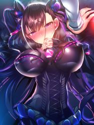Rule 34 | 1girl, against wall, bad id, bad pixiv id, black dress, blush, breasts, brown hair, covered erect nipples, double bun, dress, face-to-face, fate/grand order, fate (series), frills, hair between eyes, hair bun, hair ornament, kabedon, large breasts, long hair, long sleeves, looking at another, looking at viewer, murasaki shikibu (fate), out of frame, pov, puffy sleeves, purple eyes, silly (marinkomoe), solo, solo focus, sweatdrop, very long hair