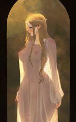 Rule 34 | 1girl, absurdres, blonde hair, blush, brown background, collarbone, cowboy shot, elf, galadriel, gradient background, highres, long hair, nipples, nyiccco, pointy ears, profile, see-through, sleeves past wrists, solo, standing, the lord of the rings, tolkien&#039;s legendarium, tolkien's legendarium
