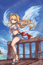 Rule 34 | 1girl, absurdres, against railing, arm behind back, bare legs, belt, bikini, bikini under clothes, breasts, buckle, buttoned cuffs, buttons, chinese commentary, choker, cleavage, closed mouth, cloud, cloudy sky, commentary request, crop top, dated, denim, denim shorts, fate/grand order, fate (series), full body, green eyes, hair ribbon, hand up, highres, long hair, looking at viewer, medium breasts, midriff, navel, nero augustus, nero claudius (fate), nero claudius (fate) (all), ocean, outdoors, railing, red choker, ribbon, shirt, short shorts, shorts, side-tie bikini bottom, sky, sleeves past elbows, smile, solo, stomach, swimsuit, tied shirt, twitter username, white ribbon, white shirt, wooden floor, wooden railing