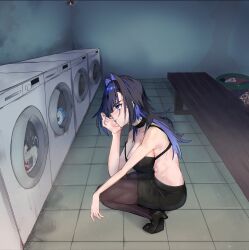 Rule 34 | absurdres, alternate hairstyle, bench, black bra, black footwear, black hair, black skirt, blue eyes, blue hair, bra, breasts, cleaning, clock, from side, hand on own face, high heels, highres, hololive, hololive english, indoors, kneeling, koizumi arata, kronie (ouro kronii), large breasts, laundry, multicolored hair, no shirt, ouro kronii, pantyhose, ponytail, skirt, squatting, topless, two-tone hair, underwear, virtual youtuber, waiting, washing clothes, washing machine