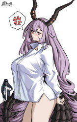 1girl 1other anger_vein arknights blush bottomless breasts cup furauji holding holding_cup hood hooded_jacket horns jacket large_breasts long_hair looking_at_viewer mask milk_carton pouring purple_eyes purple_hair simple_background spoken_anger_vein typhon_(arknights) white_background