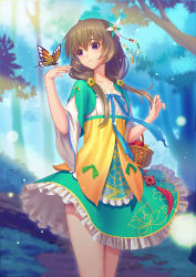 Rule 34 | 1girl, apple, bare legs, basket, blue ribbon, blurry, blush, bow, brown hair, bug, butterfly, butterfly on hand, carrying, collarbone, cowboy shot, day, depth of field, floral print, flower, food, forest, frills, fruit, gradient background, guang yiren, hair between eyes, hair flower, hair ornament, hands up, insect, legs together, light particles, lips, low twintails, nature, original, outdoors, purple eyes, ribbon, skirt, smile, solo, standing, tassel, tree, twintails, wide sleeves