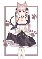 Rule 34 | 1girl, animal ears, azur lane, bare shoulders, between breasts, black dress, breasts, brown background, brown hair, cat ears, cat girl, cat tail, cleavage, clothing cutout, collarbone, commentary request, dress, fang, formidable (azur lane), frilled dress, frills, hand up, highres, kemonomimi mode, large breasts, long hair, long sleeves, open mouth, pantyhose, paw pose, paw print, paw print background, red eyes, shiro (acad1213), shoulder cutout, solo, tail, tail raised, twintails, two-tone background, very long hair, white background, white pantyhose