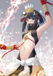 Rule 34 | 1girl, bare shoulders, black hair, black skirt, blood, blood on hands, blue hair, bracer, breasts, colored inner hair, cross (crossryou), detached collar, electricity, facepaint, fate/grand order, fate (series), feathers, grey eyes, halterneck, headdress, high collar, highres, looking at viewer, multicolored hair, pelvic curtain, sash, short hair, sidelocks, skirt, small breasts, solo, tassel, tenochtitlan (fate), tenochtitlan (first ascension) (fate), whip