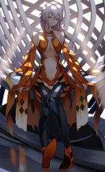 Rule 34 | 1girl, bare shoulders, black pantyhose, breasts, center opening, character cutout, cleavage, detached sleeves, elbow gloves, fingerless gloves, full body, gloves, guilty crown, hair between eyes, hair ornament, hairclip, head tilt, highres, long hair, looking at viewer, medium breasts, navel, orange sleeves, pantyhose, red eyes, shoes, sitting, skin tight, sleeveless, solo, stomach, tagme, white hair, yoshio (55level), yuzuriha inori