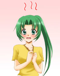 Rule 34 | 00s, 1girl, blush, female focus, green eyes, green hair, higurashi no naku koro ni, shirt collar tug, simple background, sinko, solo, sonozaki mion, surprised, tagme