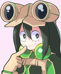 Rule 34 | 1girl, :&gt;, absurdres, asui tsuyu, bodysuit, boku no hero academia, brown gloves, commentary request, face, finger to mouth, gloves, goggles, goggles on head, green bodysuit, green eyes, green hair, hair between eyes, highres, huge filesize, jipponwazaari, long hair, looking at viewer, simple background, solo, white background