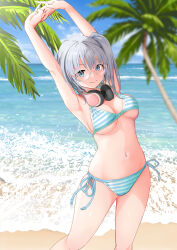 Rule 34 | 1girl, absurdres, armpits, arms up, beach, bikini, blue eyes, blush, breasts, gibun (sozoshu), glasses, grey hair, headphones, headphones around neck, highres, large breasts, long hair, looking at viewer, navel, ocean, original, palm tree, side ponytail, smile, solo, stretching, striped bikini, striped clothes, swimsuit, tree