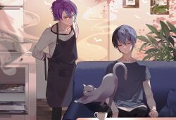 Rule 34 | 2boys, absurdres, aoyagi touya, apron, blue hair, blue shirt, bowl, cat, closed eyes, closed mouth, cup, dark blue hair, grey apron, hair between eyes, highres, indoors, kamishiro rui, layered sleeves, leaf, long sleeves, looking at another, male focus, multicolored hair, multiple boys, oven, paint moon, plant, project sekai, purple hair, shirt, short hair, short over long sleeves, short sleeves, sitting, sleeping, sleeping upright, split-color hair, standing, streaked hair, tray, two-tone hair, yellow eyes