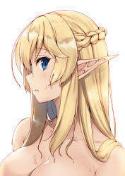Rule 34 | 1girl, absurdres, bare shoulders, blonde hair, blue eyes, braid, breasts, cleavage, collarbone, elf, french braid, highres, large breasts, long hair, original, parted lips, pointy ears, profile, raiou, sidelocks, simple background, solo, upper body, wet, wet hair, white background