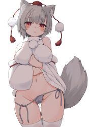 Rule 34 | 1girl, :3, animal ears, bluekalmia, cameltoe, closed mouth, cowboy shot, grey hair, grey panties, groin, hat, inubashiri momiji, looking at viewer, navel, panties, pom pom (clothes), pussy juice, red eyes, red hat, short hair, solo, standing, tail, thighhighs, tokin hat, touhou, underwear, white thighhighs, wolf ears, wolf girl, wolf tail