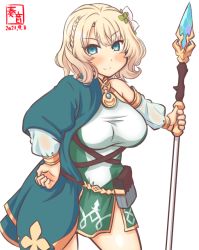 Rule 34 | 1girl, artist logo, bag, blonde hair, blue eyes, braid, breasts, colorado (kancolle), commentary request, cosplay, cowboy shot, dated, detached sleeves, dress, flower, green sleeves, hair flower, hair ornament, kanon (kurogane knights), kantai collection, kokkoro (princess connect!), kokkoro (princess connect!) (cosplay), large breasts, long sleeves, look-alike, looking at viewer, one-hour drawing challenge, polearm, princess connect!, puffy long sleeves, puffy sleeves, pun, short hair, side braids, simple background, sleeveless, sleeveless dress, solo, spear, split mouth, weapon, white background, white flower