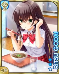 Rule 34 | 1girl, black hair, blowing on food, bow, bowtie, cafeteria, card (medium), character name, chopsticks, day, food, girlfriend (kari), godai ritsu, gray leggings, green eyes, holding, indoors, long hair, noodles, official art, open mouth, plaid, plaid skirt, qp:flapper, red bow, red skirt, school uniform, shirt, shoes, sitting, skirt, smile, tagme, tray, very long hair, white shirt