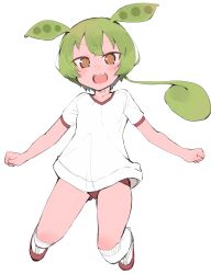 Rule 34 | 1girl, animal ears, blush, brown eyes, buruma, clenched hands, collarbone, commentary request, dot nose, fang, full body, green hair, gym shirt, gym uniform, highres, huuapainter, kneehighs, long hair, looking at viewer, no pupils, open mouth, red buruma, shirt, short hair with long locks, short sleeves, simple background, socks, solo, voicevox, white background, zundamon