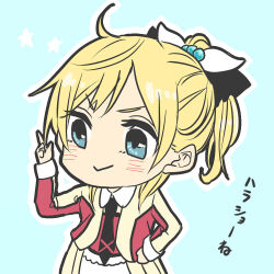 Rule 34 | 1girl, ahoge, ayase eli, black bow, black necktie, blonde hair, blue background, blue eyes, blush, bow, chibi, closed mouth, collared shirt, commentary request, cowboy shot, hair bow, hand on own hip, idol, idol clothes, index finger raised, jacket, kashikaze, long sleeves, love live!, love live! school idol project, medium hair, multicolored clothes, multicolored jacket, necktie, outline, ponytail, red jacket, shirt, smile, solo, translation request, two-tone jacket, white outline, white shirt