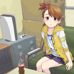 Rule 34 | 1girl, arms at sides, blush, bottomless, brown eyes, brown hair, closed mouth, cola, commentary, controller, couch, eyebrows hidden by hair, feet out of frame, frown, futami ami, game console, game controller, gamepad, hair ornament, highres, hood, hood down, hooded jacket, idolmaster, idolmaster (classic), indoors, jacket, looking at viewer, mappy (minogue), on couch, one side up, open clothes, open jacket, playstation 5, print shirt, shirt, short hair, sitting, solo, split mouth, star (symbol), star hair ornament, star print, swept bangs, tareme
