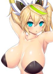 Rule 34 | 1girl, aqua eyes, arms up, asamura hiori, blonde hair, blush, breasts, cleavage, gene (pso2), green hair, hair between eyes, highres, huge breasts, long hair, looking at viewer, md5 mismatch, multicolored hair, nude, open mouth, pasties, phantasy star, phantasy star online 2, resolution mismatch, solo, source larger, twintails