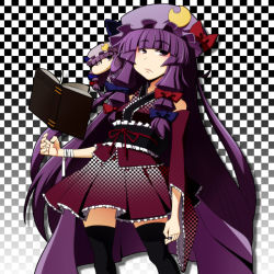 Rule 34 | 1girl, azuman, black thighhighs, book, crescent, crescent moon, female focus, gradient background, hat, japanese clothes, long hair, moon, patchouli knowledge, purple eyes, purple hair, solo, thighhighs, touhou