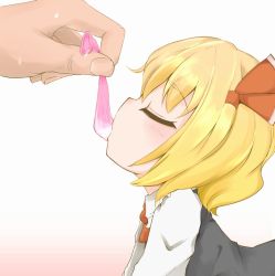 Rule 34 | 1girl, ascot, bad id, bad pixiv id, blonde hair, blush, closed eyes, condom, cum, from side, hair ribbon, hetero, holding, madhand, ribbon, rumia, short hair, simple background, solo focus, touhou, used condom, white background