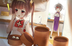 Rule 34 | !, 2girls, absurdres, ahoge, anger vein, apron, azur lane, bad id, bad pixiv id, bamboo steamer, baozi, bare arms, bare shoulders, black footwear, blush, breasts, brown eyes, brown hair, checkered floor, china dress, chinese clothes, clenched hands, clenched teeth, commentary request, day, dress, dutch angle, faucet, food, frilled apron, frills, hair rings, hairband, hairpods, heart, highres, holding, holding food, indoors, long hair, medium breasts, multiple girls, ning hai (azur lane), open mouth, pelvic curtain, ping hai (azur lane), purple dress, red dress, sakutaishi, sidelocks, sleeveless, sleeveless dress, small breasts, sunlight, teeth, twintails, vase, very long hair, white apron, window