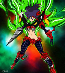 Rule 34 | 00s, 10s, 1girl, armor, aura, black hair, blue eyes, creator connection, crossover, drill, female focus, fire, frown, fusion, gainax, kill la kill, looking at viewer, matoi ryuuko, md5 mismatch, mecha, midriff, multicolored hair, navel, pauldrons, red hair, resized, robot, senketsu, serious, short hair, shoulder armor, signature, solo, source request, space, spiral power, striped legwear, svrwe, tengen toppa gurren-lagann (mecha), tengen toppa gurren lagann, trigger (company), two-tone hair