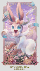 Rule 34 | 2022, :d, blue eyes, border, card (medium), character name, cloud, creatures (company), dated, fang, field, flower, flower field, full body, game freak, gen 6 pokemon, grey border, momomo12, nintendo, no humans, open mouth, pink flower, pink rose, pokemon, pokemon (creature), purple sky, red flower, red rose, rose, sky, smile, sylveon, yellow flower, yellow rose